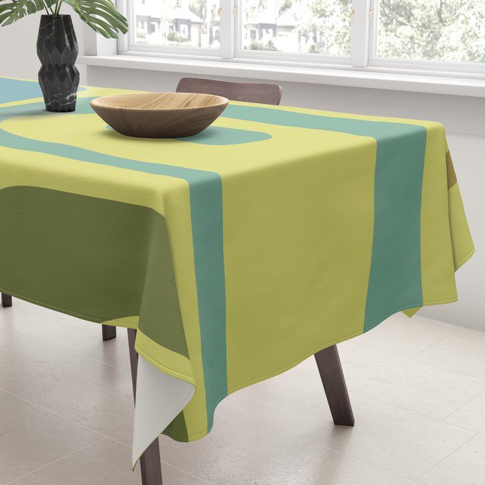 Mid Century Modern Retro Abstract Piquet Pattern in Guacamole Green and Blue Tones Tablecloth Gallery Image 3