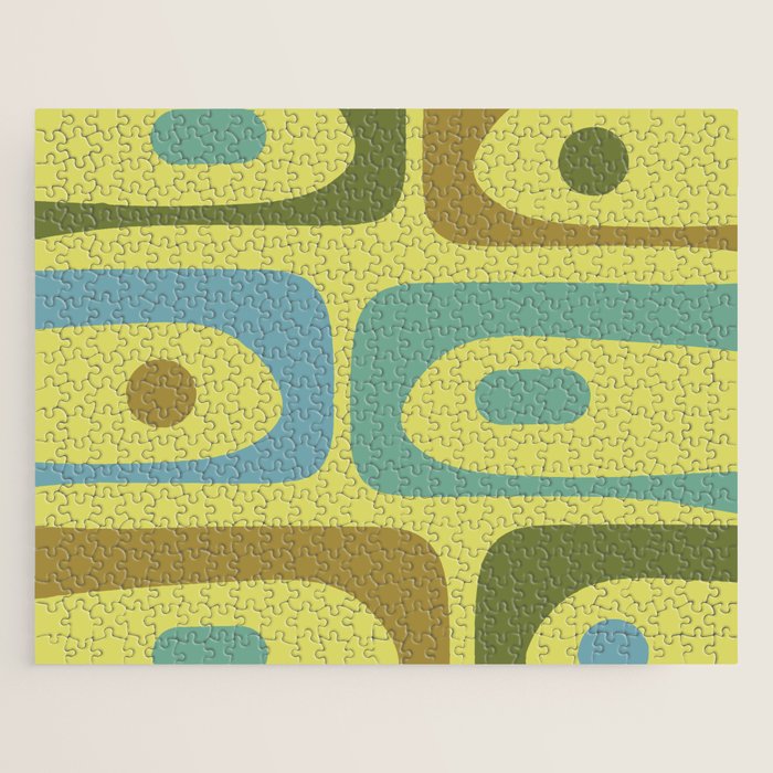 Mid Century Modern Retro Abstract Piquet Pattern in Guacamole Green and Blue Tones Jigsaw Puzzle Gallery Image 1