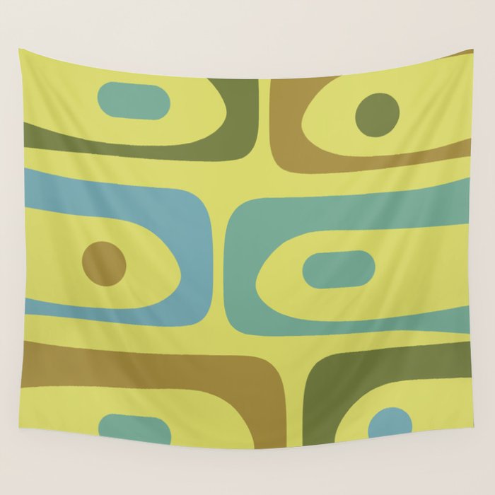 Mid Century Modern Retro Abstract Piquet Pattern in Guacamole Green and Blue Tones Wall Tapestry Gallery Image 4