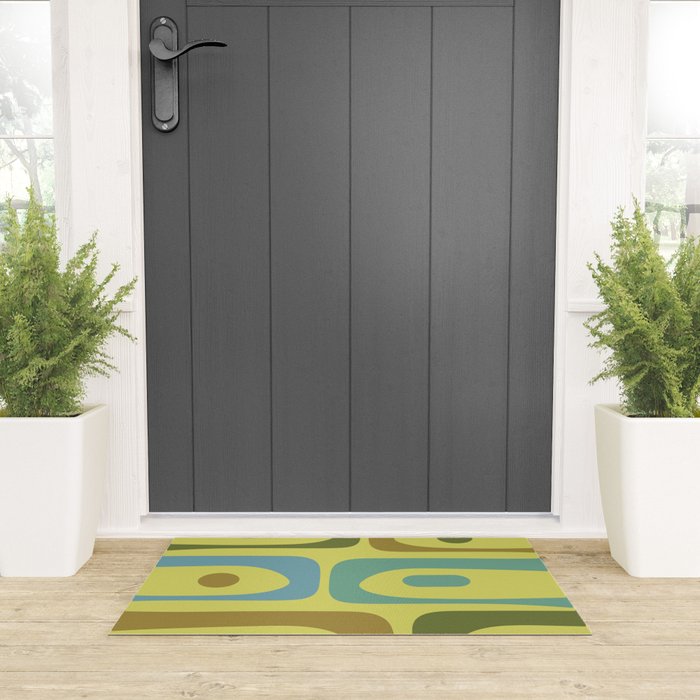 Mid Century Modern Retro Abstract Piquet Pattern in Guacamole Green and Blue Tones Welcome Mat Gallery Image 3
