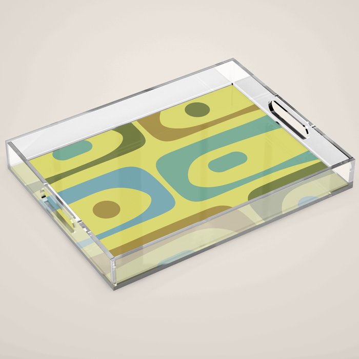 Mid Century Modern Retro Abstract Piquet Pattern in Guacamole Green and Blue Tones Acrylic Tray Gallery Image 1