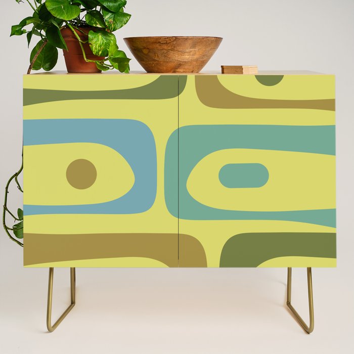 Mid Century Modern Retro Abstract Piquet Pattern in Guacamole Green and Blue Tones Credenza Gallery Image 1