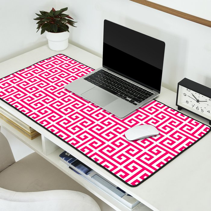Hot Pink and White Greek Key Pattern Desk Mat Gallery Image 2