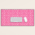 Hot Pink and White Greek Key Pattern Desk Mat Gallery Image 1