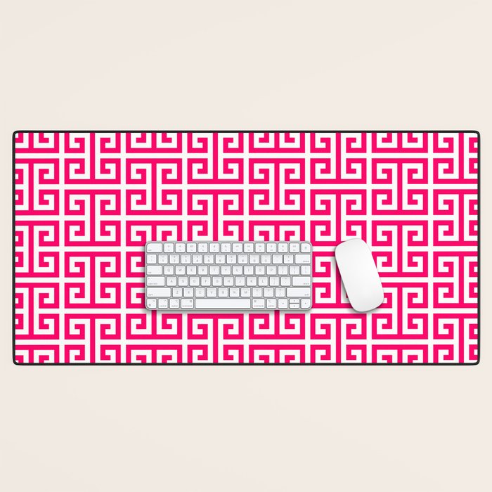 Hot Pink and White Greek Key Pattern Desk Mat Gallery Image 1