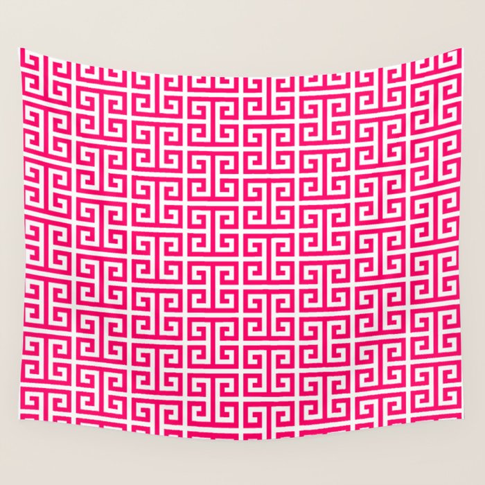 Hot Pink and White Greek Key Pattern Wall Tapestry Gallery Image 4