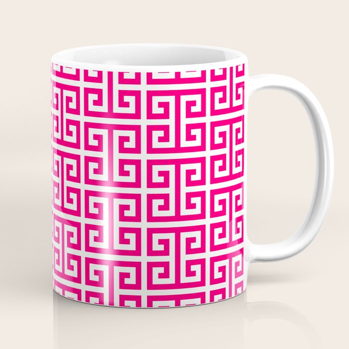 Hot Pink and White Greek Key Pattern Coffee Mug Gallery Image 1