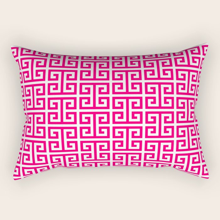 Hot Pink and White Greek Key Pattern Rectangular Pillow Gallery Image 2