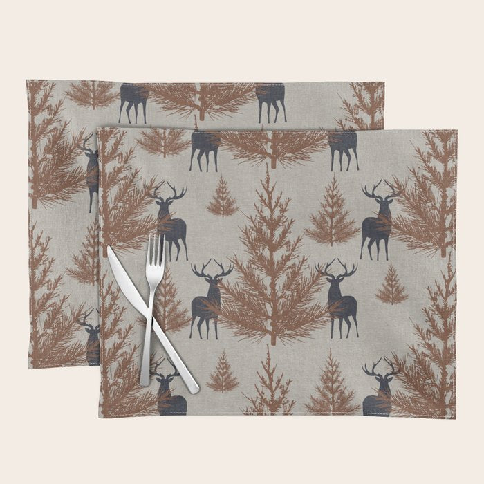 Christmas Trees and Deer, Faux Linen, Pattern, Beige, Brown and Blue Placemat Gallery Image 1