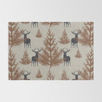 Christmas Trees and Deer, Faux Linen, Pattern, Beige, Brown and Blue Rug Gallery Image 2