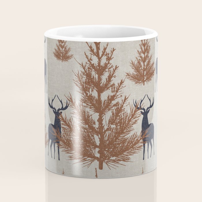 Christmas Trees and Deer, Faux Linen, Pattern, Beige, Brown and Blue Coffee Mug Gallery Image 4