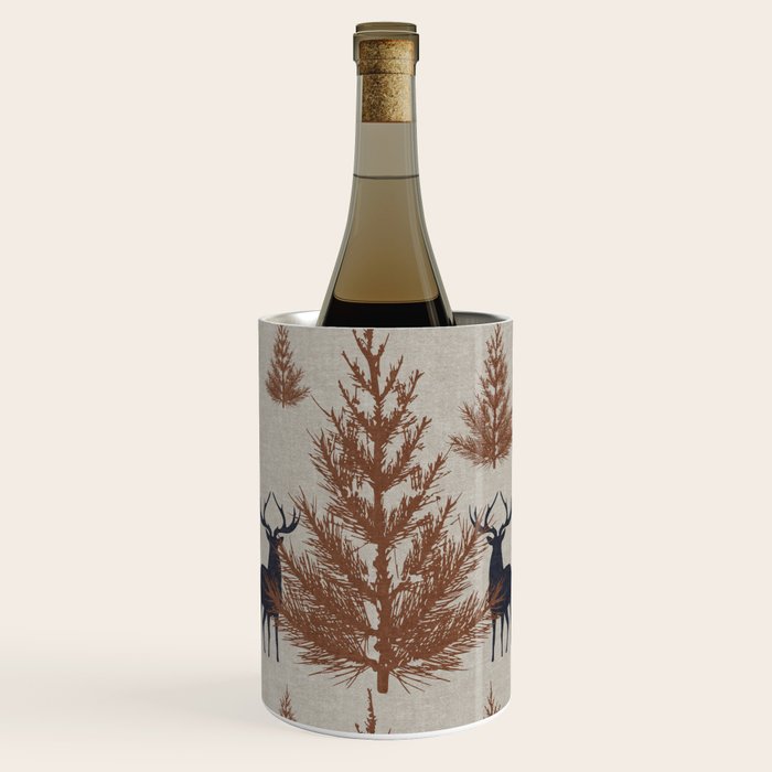 Christmas Trees and Deer, Faux Linen, Pattern, Beige, Brown and Blue Wine Chiller Gallery Image 1
