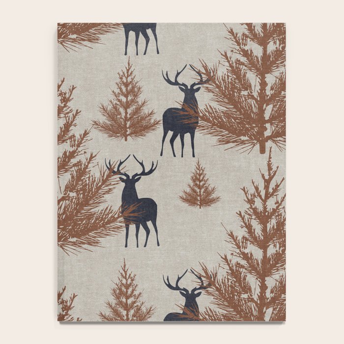 Christmas Trees and Deer, Faux Linen, Pattern, Beige, Brown and Blue Notebook Gallery Image 4