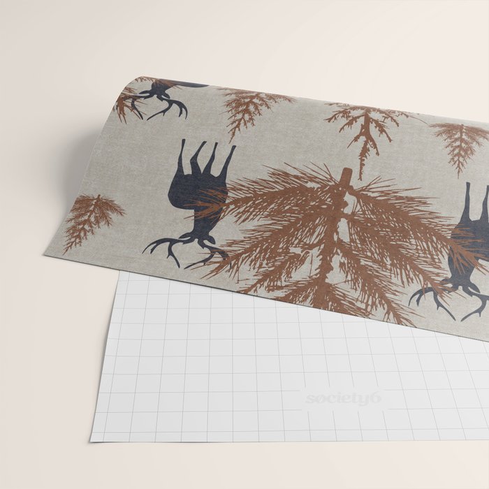 Christmas Trees and Deer, Faux Linen, Pattern, Beige, Brown and Blue Wrapping Paper Gallery Image 2