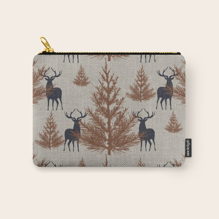 Christmas Trees and Deer, Faux Linen, Pattern, Beige, Brown and Blue Carry All Pouch Gallery Image 1