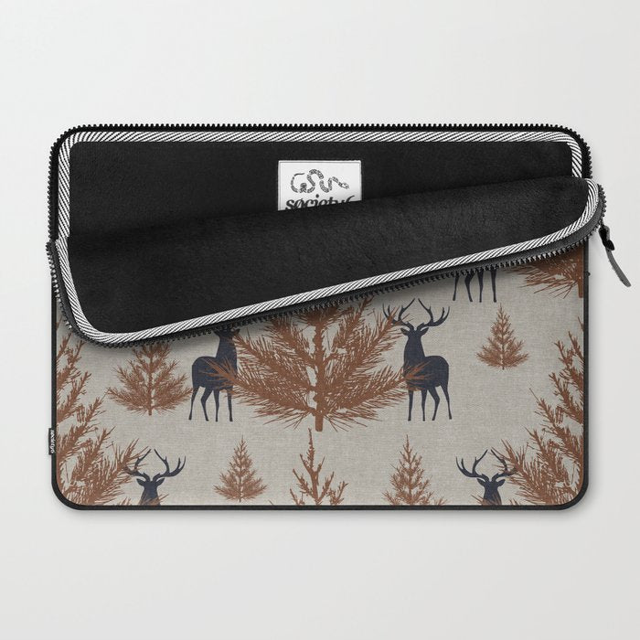 Christmas Trees and Deer, Faux Linen, Pattern, Beige, Brown and Blue Laptop Sleeve Gallery Image 2