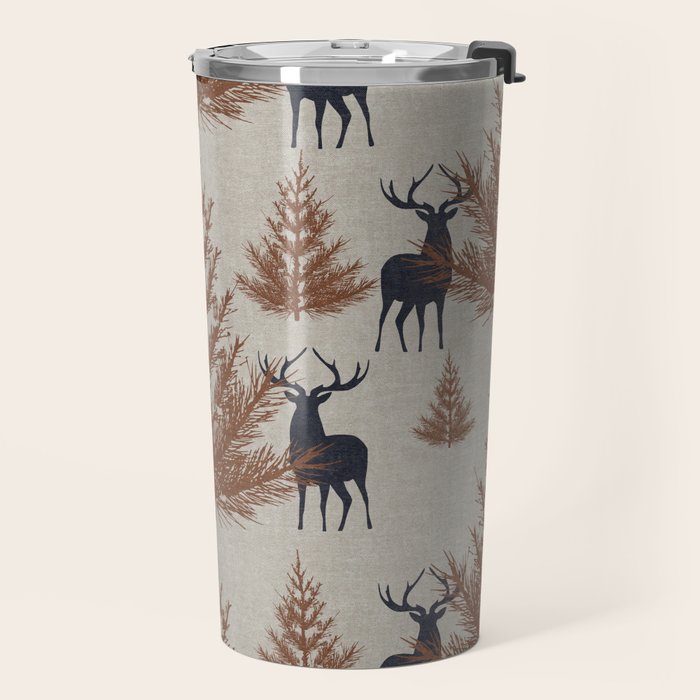 Christmas Trees and Deer, Faux Linen, Pattern, Beige, Brown and Blue Travel Mug Gallery Image 2