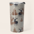 Christmas Trees and Deer, Faux Linen, Pattern, Beige, Brown and Blue Travel Mug Gallery Image 2