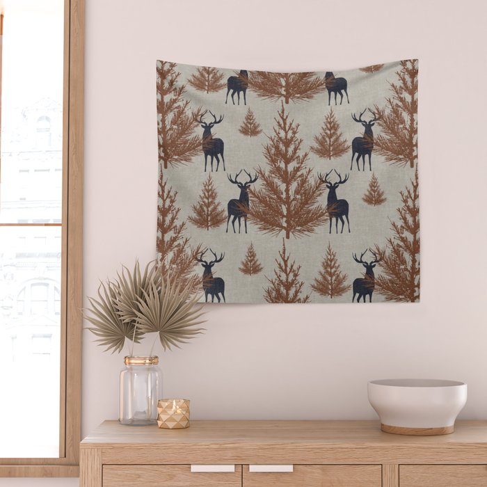 Christmas Trees and Deer, Faux Linen, Pattern, Beige, Brown and Blue Wall Tapestry Gallery Image 2
