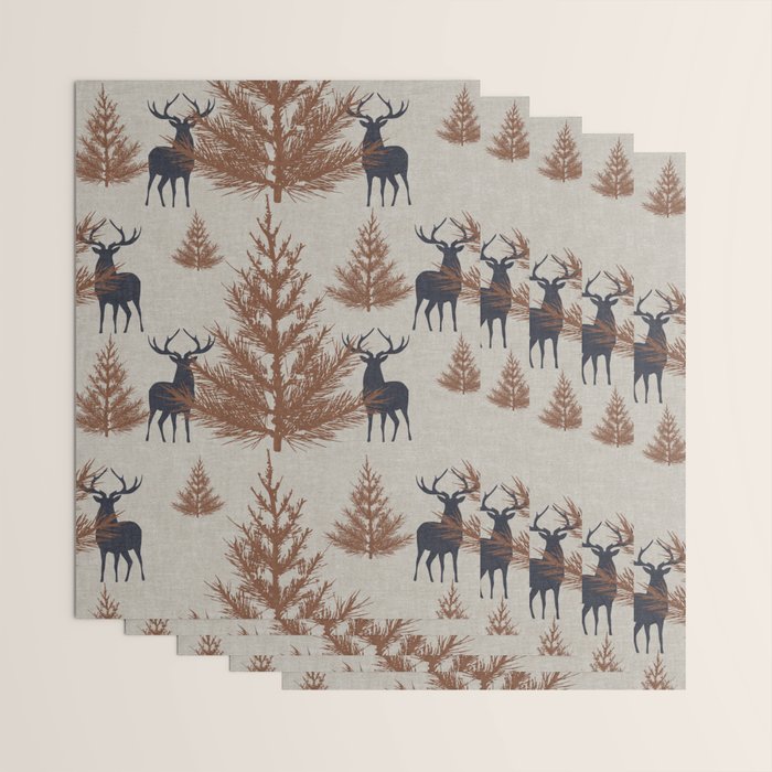 Christmas Trees and Deer, Faux Linen, Pattern, Beige, Brown and Blue Wrapping Paper Gallery Image 3