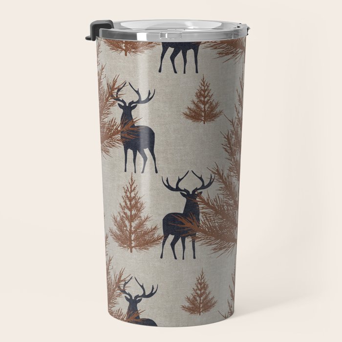 Christmas Trees and Deer, Faux Linen, Pattern, Beige, Brown and Blue Travel Mug Gallery Image 3