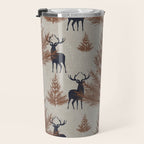 Christmas Trees and Deer, Faux Linen, Pattern, Beige, Brown and Blue Travel Mug Gallery Image 3