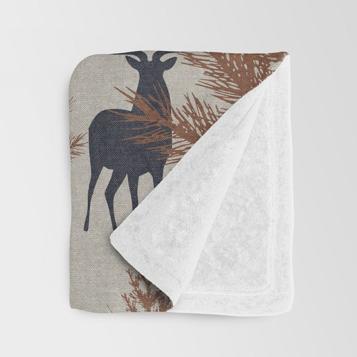 Christmas Trees and Deer, Faux Linen, Pattern, Beige, Brown and Blue Throw Blanket Gallery Image 3