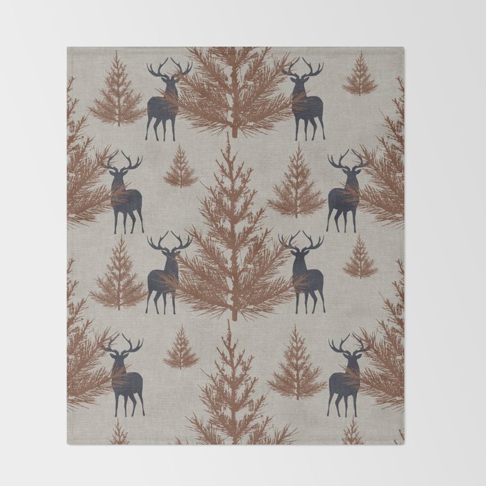 Christmas Trees and Deer, Faux Linen, Pattern, Beige, Brown and Blue Throw Blanket Gallery Image 2