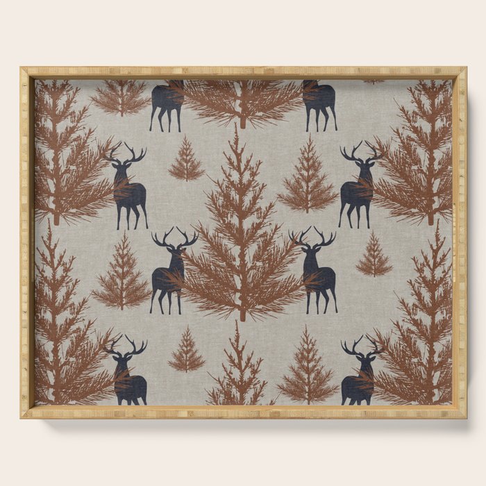 Christmas Trees and Deer, Faux Linen, Pattern, Beige, Brown and Blue Serving Tray Gallery Image 1