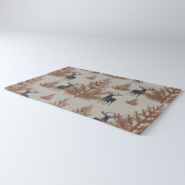 Christmas Trees and Deer, Faux Linen, Pattern, Beige, Brown and Blue Rug Gallery Image 3