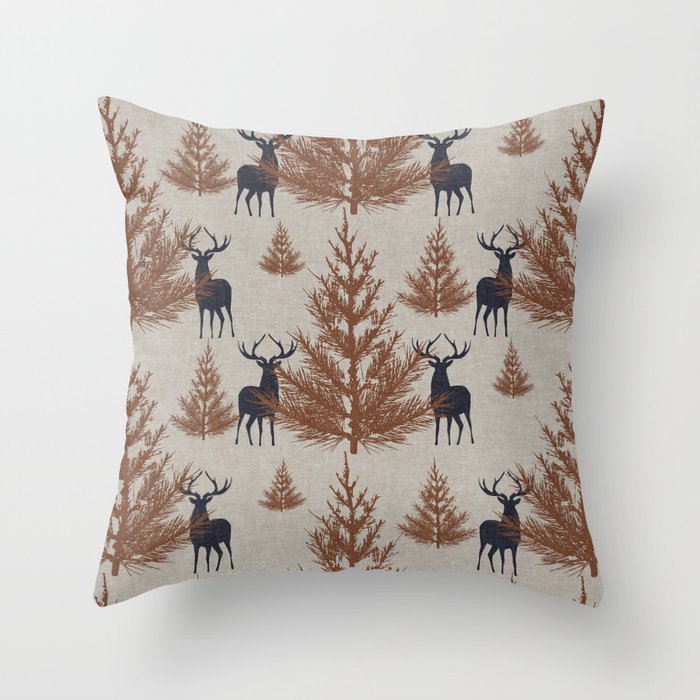 Christmas Trees and Deer, Faux Linen, Pattern, Beige, Brown and Blue Throw Pillow Gallery Image 1