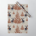 Christmas Trees and Deer, Faux Linen, Pattern, Beige, Brown and Blue Wrapping Paper Gallery Image 1