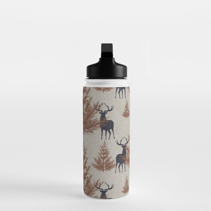 Christmas Trees and Deer, Faux Linen, Pattern, Beige, Brown and Blue Water Bottle Gallery Image 3