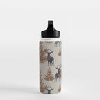 Christmas Trees and Deer, Faux Linen, Pattern, Beige, Brown and Blue Water Bottle Gallery Image 3