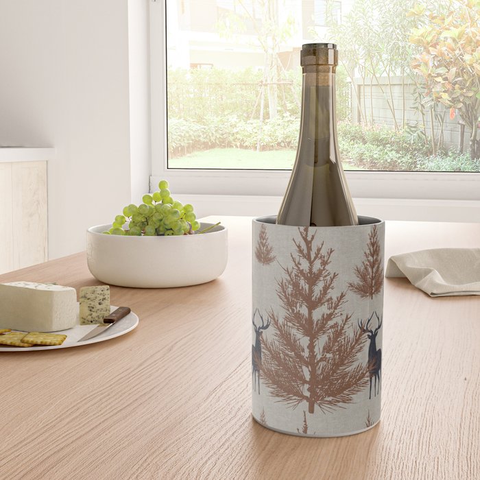 Christmas Trees and Deer, Faux Linen, Pattern, Beige, Brown and Blue Wine Chiller Gallery Image 4