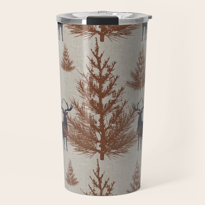 Christmas Trees and Deer, Faux Linen, Pattern, Beige, Brown and Blue Travel Mug Gallery Image 1