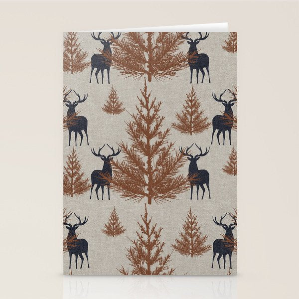 Christmas Trees and Deer, Faux Linen, Pattern, Beige, Brown and Blue Stationery Card Gallery Image 2