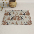 Christmas Trees and Deer, Faux Linen, Pattern, Beige, Brown and Blue Rug Gallery Image 1