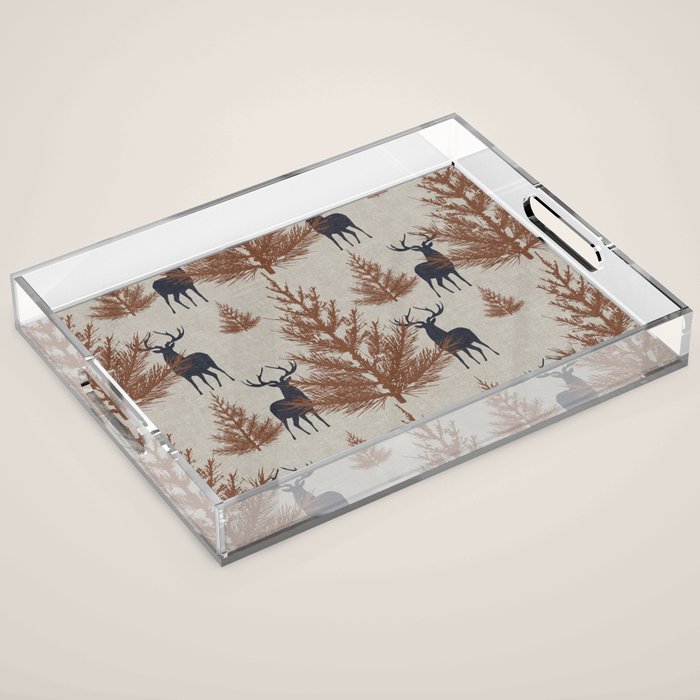 Christmas Trees and Deer, Faux Linen, Pattern, Beige, Brown and Blue Acrylic Tray Gallery Image 1