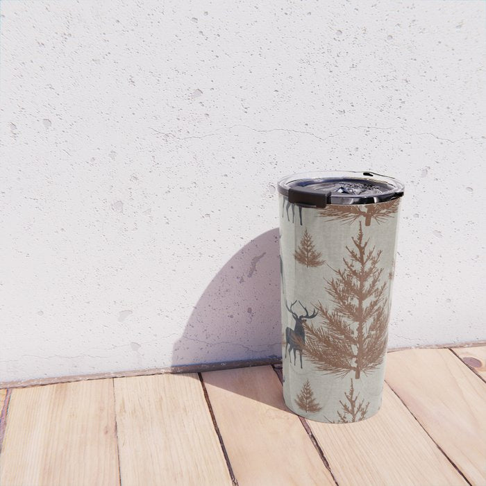 Christmas Trees and Deer, Faux Linen, Pattern, Beige, Brown and Blue Travel Mug Gallery Image 4