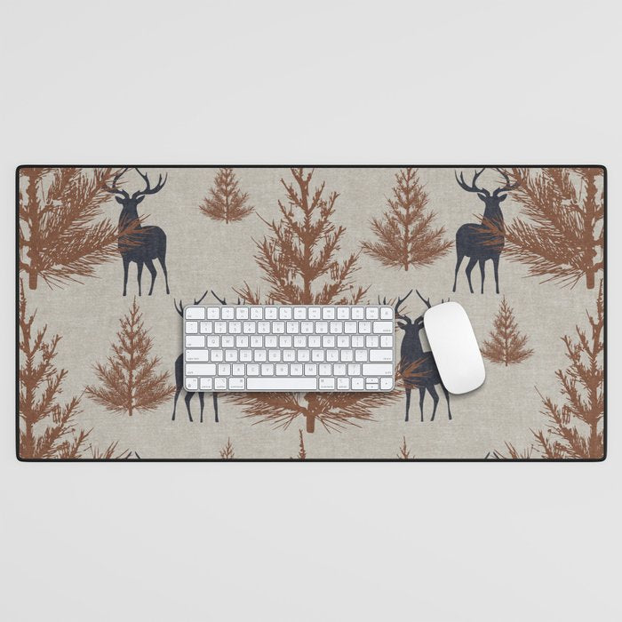 Christmas Trees and Deer, Faux Linen, Pattern, Beige, Brown and Blue Desk Mat Gallery Image 1