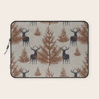 Christmas Trees and Deer, Faux Linen, Pattern, Beige, Brown and Blue Laptop Sleeve Gallery Image 1