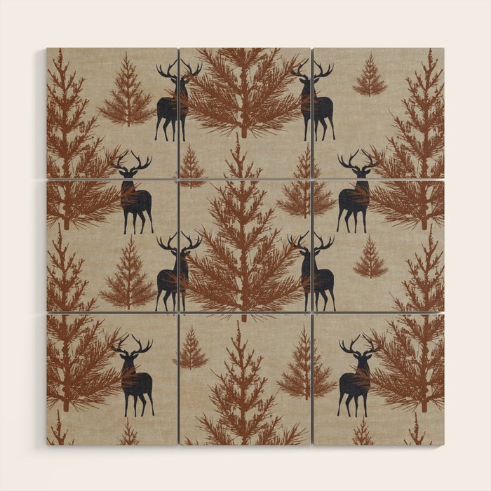 Christmas Trees and Deer, Faux Linen, Pattern, Beige, Brown and Blue Wood Wall Art Gallery Image 1