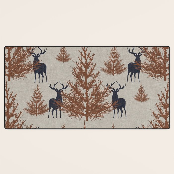 Christmas Trees and Deer, Faux Linen, Pattern, Beige, Brown and Blue Desk Mat Gallery Image 3