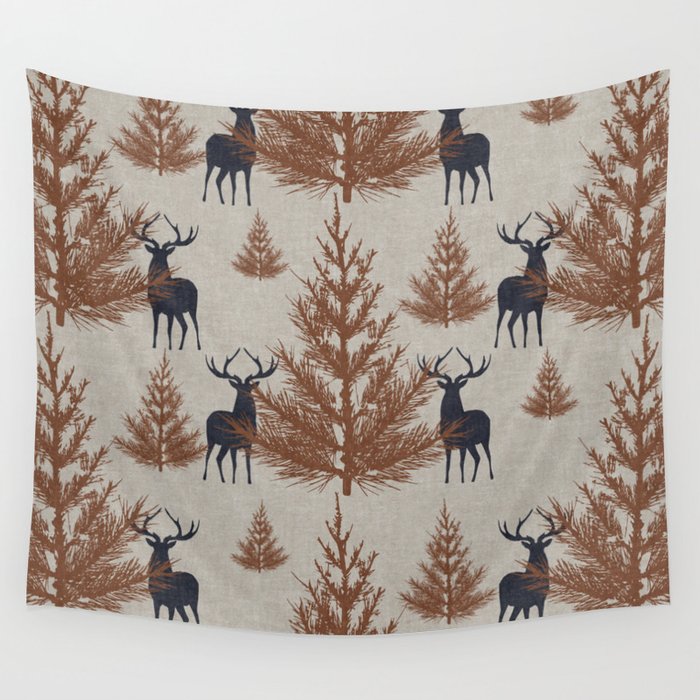 Christmas Trees and Deer, Faux Linen, Pattern, Beige, Brown and Blue Wall Tapestry Gallery Image 4