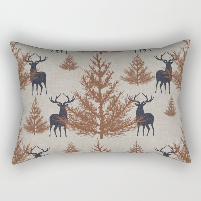 Christmas Trees and Deer, Faux Linen, Pattern, Beige, Brown and Blue Rectangular Pillow Gallery Image 1