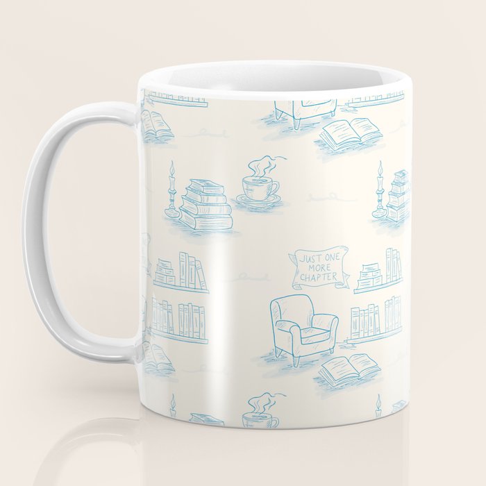 Blue Bookish Reading Chair Bookshelves Teacup Bookworm Toile de Jouy Coffee Mug Gallery Image 3