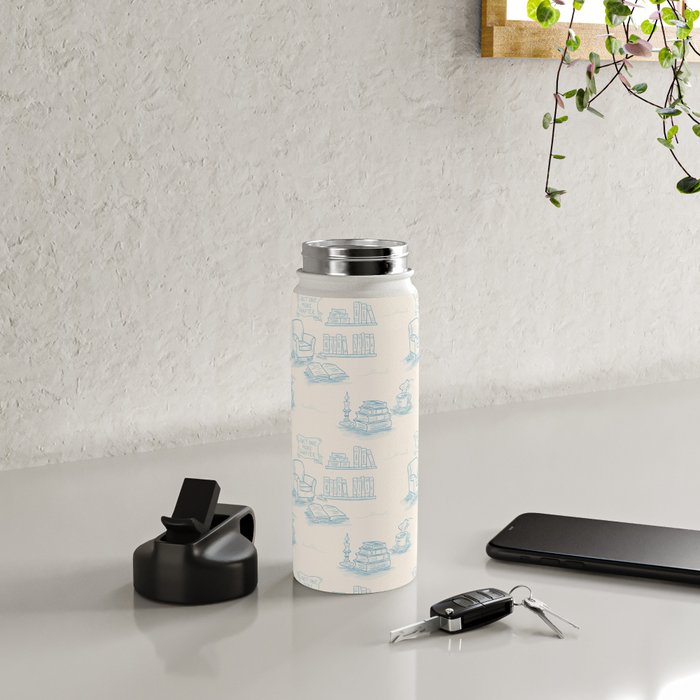 Blue Bookish Reading Chair Bookshelves Teacup Bookworm Toile de Jouy Water Bottle Gallery Image 4