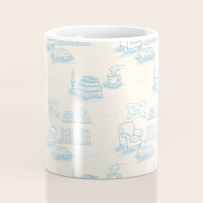 Blue Bookish Reading Chair Bookshelves Teacup Bookworm Toile de Jouy Coffee Mug Gallery Image 4