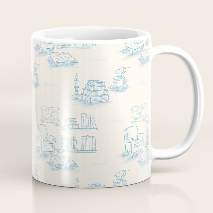 Blue Bookish Reading Chair Bookshelves Teacup Bookworm Toile de Jouy Coffee Mug Gallery Image 1